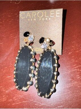 Carolee Black and Gold Oval Dangle Clip-On Earrings